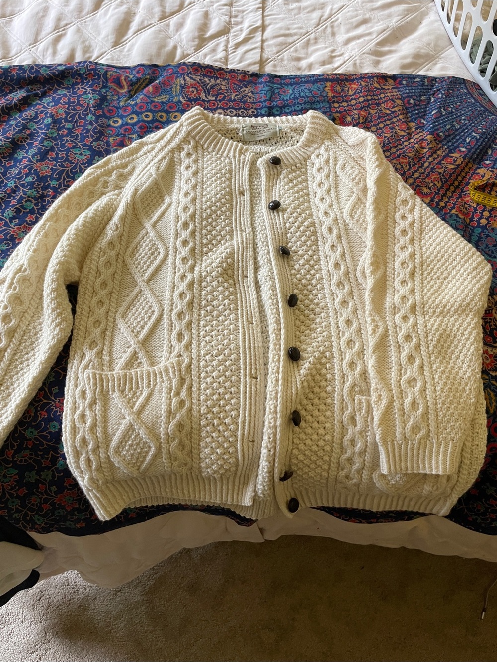Aran Sweater Market Cream Cable Knit 100% Wool Men's Cardigan XXL